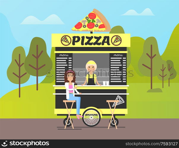 Pizzeria with sign vector, truck seller selling food to woman. Place to seat and enjoy meal, nature of forest and park, lady having lunch, character. Pizza Stand in Park, Food Shop at Street in Forest