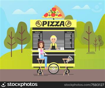Pizzeria with sign vector, truck seller selling food to woman. Place to seat and enjoy meal, nature of forest and park, lady having lunch, character. Pizza Stand in Park, Food Shop at Street in Forest