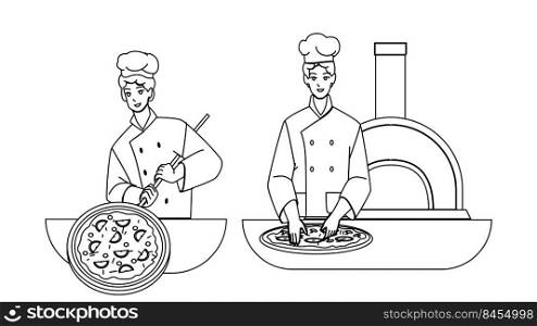 Pizzeria Workers Preparing Delicious Food Vector. Men On Pizzeria Restaurant Kitchen Cooking Tasty Pizza Together. Characters Guy Chefs Prepare Italian Dish black line illustration. Pizzeria Workers Preparing Delicious Food Vector