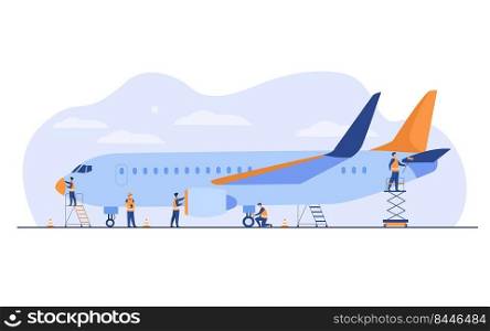 Pla≠service isolated flat vector illustration. Cartoon mechanics repairing airpla≠before flight or adding fuel. Aircraft ma∫enance and aviation concept