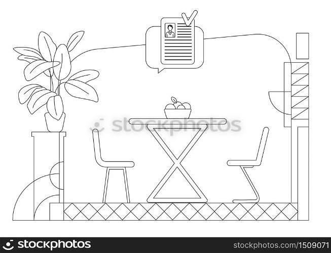 Place for job interviews outline vector illustration. Negotiation room, corporate meeting place contour composition on white background. Empty room and speech bubble approved CV simple style drawing