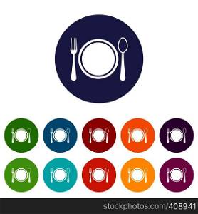 Place setting with plate,spoon and fork set icons in different colors isolated on white background. Place setting with plate,spoon and fork set icons