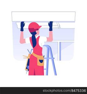 Place wall trim isolated concept vector illustration. Repairman in uniform installs a crown molding and corners, baseboards placing, residential construction, interior works vector concept.. Place wall trim isolated concept vector illustration.