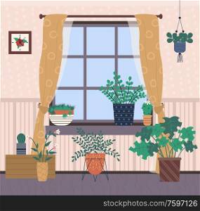 Place with houseplants vector, plants growing in pots, leaves and foliage of different type of floral. Curtains on window, picture in frame hanging on wall. Room Interior Plants Growing in Pots Home Decor