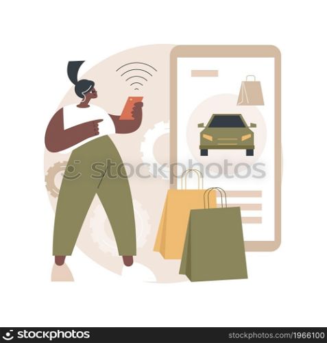 Place your curbside pickup order online abstract concept vector illustration. Safe grocery pick-up, quickservice customer, social distance, contactless pickup, pay order ahead abstract metaphor.. Place your curbside pickup order online abstract concept vector illustration.
