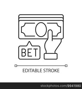 Placing bet linear icon. Gambling act. Betting money on sport events. Making wager on outcome. Thin line customizable illustration. Contour symbol. Vector isolated outline drawing. Editable stroke. Placing bet linear icon