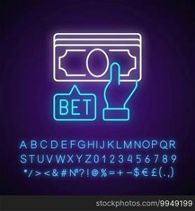 Placing bet neon light icon. Gambling act. Betting money on sport events. Making wager on outcome. Outer glowing effect. Sign with alphabet, numbers and symbols. Vector isolated RGB color illustration. Placing bet neon light icon