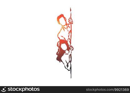 Plagiarism, peeping, stealing other people’s ideas vector concept. Man and woman peeping from corner. Hand drawn sketch isolated illustration. Plagiarism, peeping, stealing other people’s ideas concept. Hand drawn sketch isolated illustration