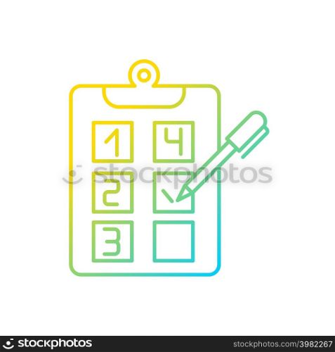 Plan adherence gradient linear vector icon. Building goals. Business strategy and project. Objectives checklist. Thin line color symbol. Modern style pictogram. Vector isolated outline drawing. Plan adherence gradient linear vector icon