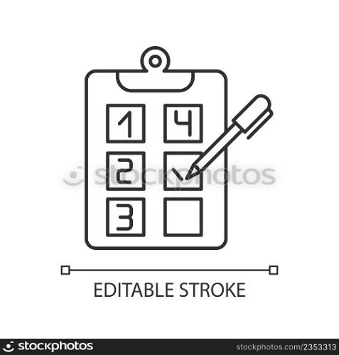 Plan adherence linear icon. Building goals. Business strategy and project. Objectives checklist. Thin line illustration. Contour symbol. Vector outline drawing. Editable stroke. Arial font used. Plan adherence linear icon