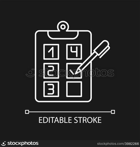 Plan adherence white linear icon for dark theme. Building goals. Business strategy. Objectives checklist. Thin line illustration. Isolated symbol for night mode. Editable stroke. Arial font used. Plan adherence white linear icon for dark theme