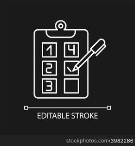 Plan adherence white linear icon for dark theme. Building goals. Business strategy. Objectives checklist. Thin line illustration. Isolated symbol for night mode. Editable stroke. Arial font used. Plan adherence white linear icon for dark theme