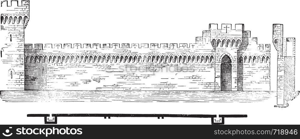 Plan and section of the ramparts of Avignon, vintage engraved illustration. Industrial encyclopedia E.-O. Lami - 1875.