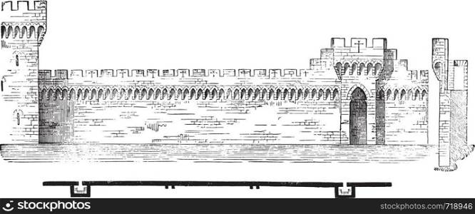 Plan and section of the ramparts of Avignon, vintage engraved illustration. Industrial encyclopedia E.-O. Lami - 1875.