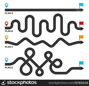 Plan B. Destination point. Expectation, reality path way, challenge possible scenario or difficult path to goal, success alternative strategy or journey to life complicated target, vector. Plan B, destination point, expectations concept