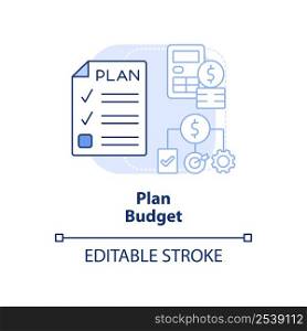 Plan budget light blue concept icon. Projects financial provision. Budgeting type abstract idea thin line illustration. Isolated outline drawing. Editable stroke. Arial, Myriad Pro-Bold fonts used. Plan budget light blue concept icon
