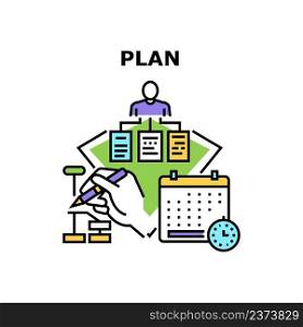 Plan Development Vector Icon Concept. Businessman Plan Development And Realization, Manager Developing And Planning Company Startup Strategy. Tasks And Stages Develop Color Illustration. Plan Development Vector Concept Color Illustration