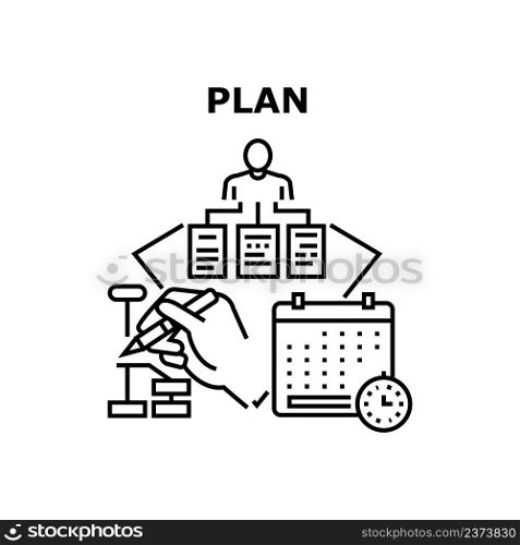 Plan Development Vector Icon Concept. Businessman Plan Development And Realization, Manager Developing And Planning Company Startup Strategy. Tasks And Stages Develop Black Illustration. Plan Development Vector Concept Black Illustration