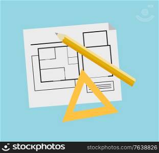 Plan hand drawn in schematic way vector, paper with plan and rooms, entrance and window notices isolated pencil and ruler for accuracy and measurement. Engineer Plan for New Building Construction Vector