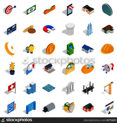 Plan icons set. Isometric style of 36 plan vector icons for web isolated on white background. Plan icons set, isometric style