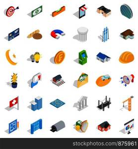 Plan icons set. Isometric style of 36 plan vector icons for web isolated on white background. Plan icons set, isometric style