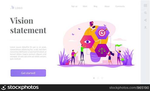 Plan of action, startup project scheme. Achieving goals and aims. Vision statement, business mission, company mission, business planning concept. Website homepage header landing web page template.. Vision statement landing page template