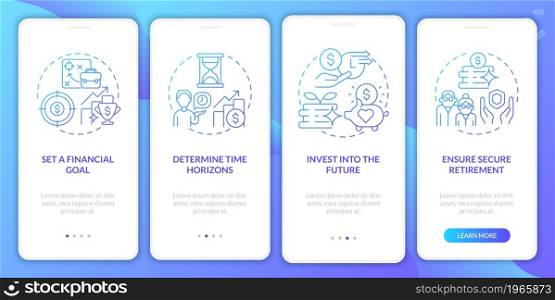 Plan pension goals onboarding mobile app page screen. Investments future income walkthrough 4 steps graphic instructions with concepts. UI, UX, GUI vector template with linear color illustrations. Plan pension goals onboarding mobile app page screen