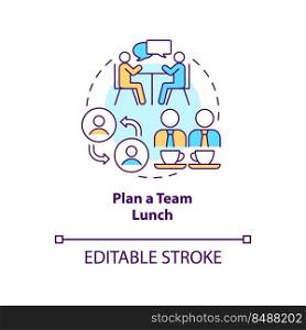 Plan team lunch concept icon. Communication. Developing onboarding process abstract idea thin line illustration. Isolated outline drawing. Editable stroke. Arial, Myriad Pro-Bold fonts used. Plan team lunch concept icon