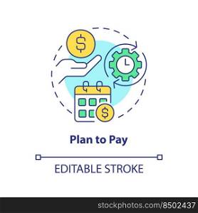 Plan to pay concept icon. Expenses management. Saving for college tip abstract idea thin line illustration. Isolated outline drawing. Editable stroke. Arial, Myriad Pro-Bold fonts used. Plan to pay concept icon