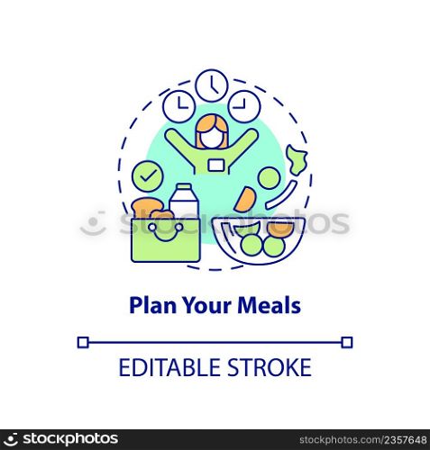 Plan your meals concept icon. Healthy food. Maintaining weight after long term diet abstract idea thin line illustration. Isolated outline drawing. Editable stroke. Arial, Myriad Pro-Bold fonts used. Plan your meals concept icon