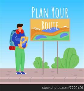 Plan your route social media post mockup. Boy with map. Active vacation. Advertising banner design template. Social media booster, content layout. Promotion poster, print ads with flat illustrations. Plan your route social media post mockup
