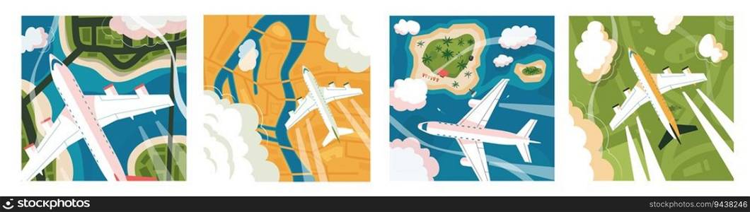 Plane aerial view. Summer landscape with flying air transport, top view of blue sky with flying aircraft and clouds, tourism and vacation. Vector illustration of airplane landscape while travel flight. Plane aerial view. Summer landscape with flying air transport, top view of blue sky with flying aircraft and clouds, tourism and vacation concept. Vector illustration