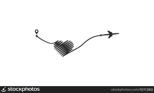 Plane and its track as a sign of infinity and heart on white background. Vector illustration. Aircraft flight path and its route.. Plane and its track as a sign of infinity and heart on white background. Vector illustration. Aircraft flight path and its route