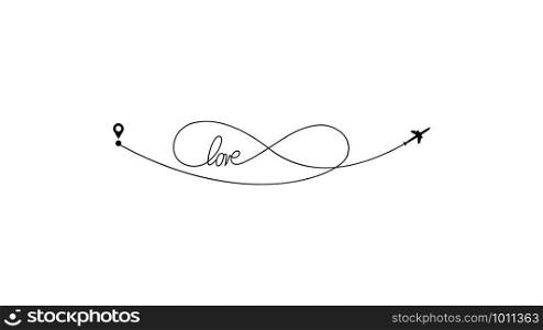 Plane and its track as a sign of infinity and text love on white background. Vector illustration. Aircraft flight path and its route.. Plane and its track as a sign of infinity and text love on white background. Vector illustration. Aircraft flight path and its route