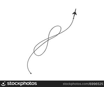 Plane and its track as a sign of infinity on white background. Vector illustration. Aircraft flight path and its route.. Plane and its track as a sign of infinity on white background. Vector illustration. Aircraft flight path and its route
