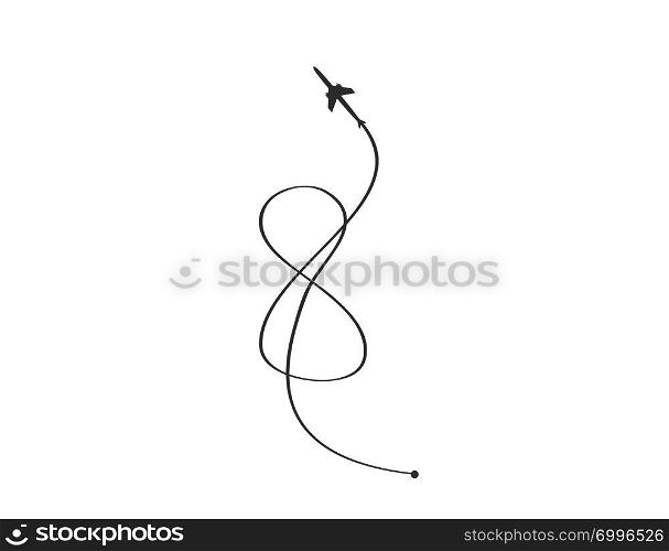 Plane and its track as a sign of infinity on white background. Vector illustration. Aircraft flight path and its route.. Plane and its track as a sign of infinity on white background. Vector illustration. Aircraft flight path and its route