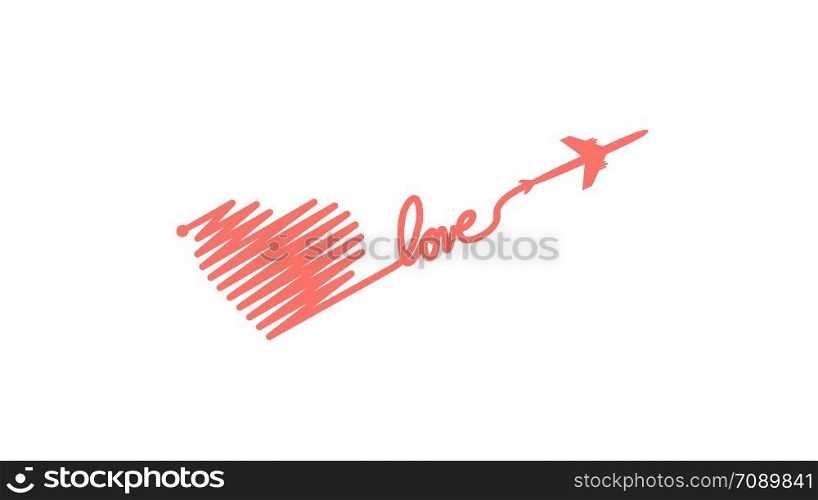 Plane and its track in the shape of a heart and text love on white background. Vector illustration. Aircraft flight path and its route.. Plane and its track in the shape of a heart and text love on white background. Vector illustration. Aircraft flight path and its route
