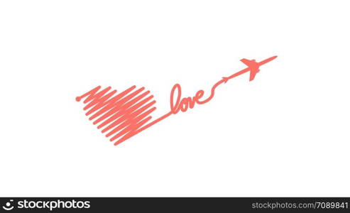 Plane and its track in the shape of a heart and text love on white background. Vector illustration. Aircraft flight path and its route.. Plane and its track in the shape of a heart and text love on white background. Vector illustration. Aircraft flight path and its route