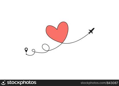 Plane and its track in the shape of a heart on white background. Vector illustration. Aircraft flight path and its route.. Plane and its track in the shape of a heart on white background. Vector illustration. Aircraft flight path and its route
