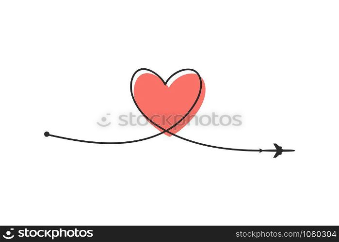 Plane and its track in the shape of glitch red heart in a flat style on white background. Vector illustration. Aircraft flight path and its route.. Plane and its track in the shape of glitch red heart in a flat style on white background. Vector illustration. Aircraft flight path and its route