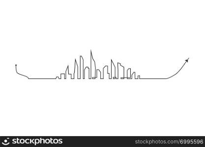 Plane and its track skyline on white background. Vector illustration. Aircraft flight path and its route. Plane and its track and skyline on white background. Vector illustration. Aircraft flight path and its route
