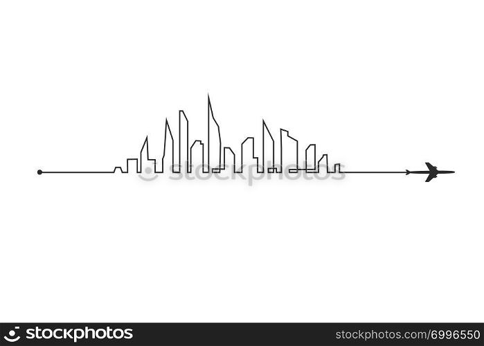 Plane and its track skyline on white background. Vector illustration. Aircraft flight path and its route. Plane and its track and skyline on white background. Vector illustration. Aircraft flight path and its route