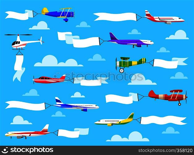 Plane banners. Sky banner airplane flying planes helicopter ribbon flight message pull advertisement retro trip poster, vector clipart. Banners with planes. Flying airplanes with banner in sky, helicopter with advertisement message on ribbons. Vector set