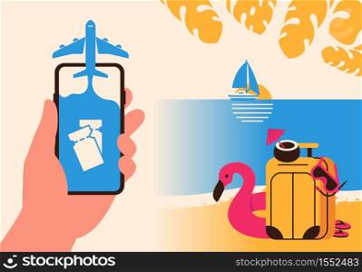 Plane fly from screen phone and beach with travel stuff. Concept online vacation
