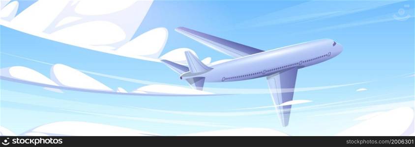Plane fly in blue sky with clouds. Passenger aircraft flight. Concept of travel, commercial aviation, cargo delivery and journey. Vector cartoon illustration of flying big white airplane. Plane fly in blue sky with clouds
