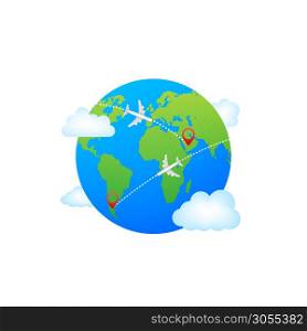 Plane flying around the world. Vector stock illustration. Plane flying around the world. Vector stock illustration.