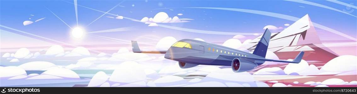 Plane flying in clouds above mountain peak in blue and pink sky. Air transportation service, airplane flight, travel, aviation, charter passenger jet, summer vacation, Cartoon vector illustration. Plane flying in clouds above mountain peak in sky