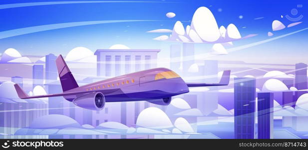 Plane flying in clouds above skyscraper building roofs in blue sky. Air transportation service, airplane travel, aviation, jet flight above modern megalopolis cartoon scene, Vector illustration. Plane flying in clouds above skyscraper buildings