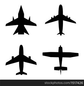 Plane icon. Jet in air. Airplane for travel, cargo, commercial flight. Silhouette of aircraft. Aeroplane fly from airport. Set of black airliners. Symbol airline, aviation and transport. Vector.. Plane icon. Jet in air. Airplane for travel, cargo, commercial flight. Silhouette of aircraft. Aeroplane fly from airport. Set of black airliners. Symbol airline, aviation and transport. Vector