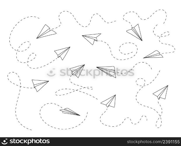 Plane icon with fly rout vector. Paper airplane in hand drawn style. Outline paper aircraft. Doodle message, sms, e-mail symbols. Letter dilivery illustration.. Plane icon with fly rout vector. Paper airplane in hand drawn style. Outline paper aircraft. Doodle message, sms, e-mail symbols.